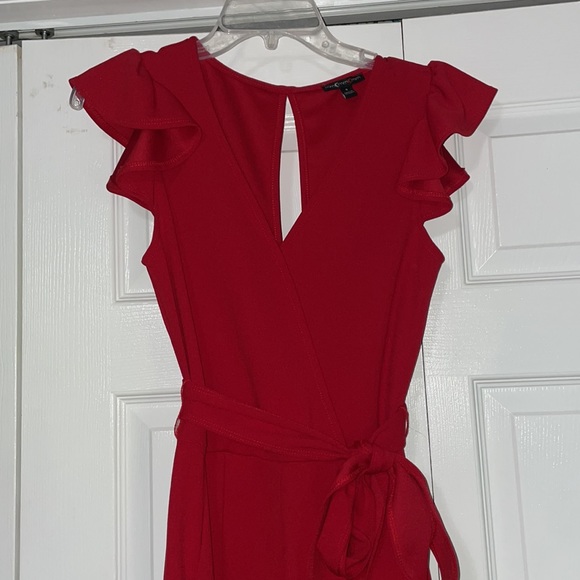 Red Jumpsuit with belted waist and ruffle sleeves - Picture 3 of 7